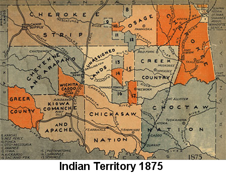 Color map showing the locations of various tribes, and 'unassigned lands' in Indian Territory in 1875